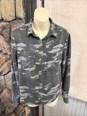 Express Women’s Gray/ Green Camo Jean Jacket with Gold Side Stripe